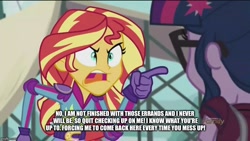 Size: 800x450 | Tagged: safe, edit, edited screencap, screencap, sci-twi, sunset shimmer, twilight sparkle, equestria girls, friendship games, angry, exploitable meme, image macro, meme, parody, spongebob squarepants, squid's day off, squidward tentacles, sunset yells at twilight