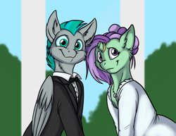 Size: 1000x773 | Tagged: safe, artist:foxenawolf, oc, oc only, oc:lavender dreams, oc:whirring cogs, pegasus, pony, unicorn, fanfic:change of life, broken horn, change of life, fanfic art, horn ring, marriage, outdoors, ring, wedding, wedding ring