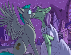 Size: 1000x773 | Tagged: safe, artist:foxenawolf, oc, oc only, oc:lavender dreams, oc:whirring cogs, pegasus, pony, unicorn, fanfic:change of life, broken horn, change of life, clothes, dress, fanfic art, kissing, night, spread wings, surprise kiss, unshorn fetlocks