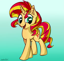 Size: 1031x992 | Tagged: safe, artist:sentireaeris, sunset shimmer, pony, unicorn, curved horn, cute, ear fluff, female, happy, mare, open mouth, shimmerbetes, signature, simple background, smiling, solo