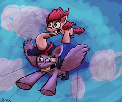 Size: 2011x1674 | Tagged: safe, artist:senx, derpibooru import, pinkie pie, twilight sparkle, twilight sparkle (alicorn), alicorn, earth pony, pony, flying