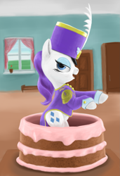 Size: 1053x1539 | Tagged: safe, artist:lemurkatta, rarity, pony, unicorn, ancient wonderbolts uniform, cake, clothes, female, hat, mare, pop out cake, sgt. rarity, shako, solo, uniform