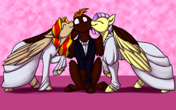 Size: 1000x625 | Tagged: safe, artist:foxenawolf, oc, oc only, oc:dandelion dreams, oc:summer storm, oc:sunset blaze, pegasus, pony, fanfic:growing up dandy, disguise, disguised changeling, fanfic art, floppy ears, hug, kiss on the cheek, kiss sandwich, kissing, marriage, unshorn fetlocks, wedding, winghug