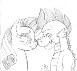 Size: 700x644 | Tagged: safe, artist:pia-sama, rarity, spike, dragon, pony, unicorn, bedroom eyes, blushing, boop, eyes closed, fangs, female, male, monochrome, noseboop, older, shipping, smiling, sparity, straight