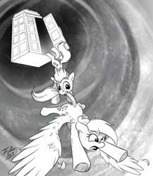 Size: 600x692 | Tagged: safe, artist:tsitra360, derpy hooves, doctor whooves, pegasus, pony, doctor who, female, grayscale, mare, monochrome, tardis