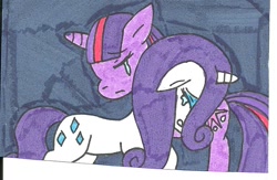 Size: 736x480 | Tagged: safe, artist:cmara, derpibooru import, rarity, twilight sparkle, pony, unicorn, crying, traditional art