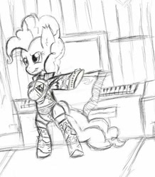 Size: 427x490 | Tagged: safe, artist:errorpony, pinkie pie, pony, castle mane-ia, bipedal, ganondorf, monochrome, musical instrument, organ, solo, the legend of zelda