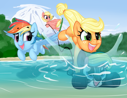 Size: 6600x5100 | Tagged: safe, artist:kellythedrawinguni, derpibooru import, applejack, rainbow dash, oc, oc:marina (efnw), earth pony, orca pony, original species, pegasus, pony, absurd resolution, ashleigh ball, female, flying, lake, mare, ponified, water skiing