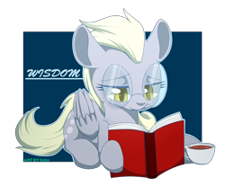 Size: 1412x1167 | Tagged: safe, artist:sion, derpy hooves, pegasus, pony, alternate hairstyle, book, bright eyes (mirror universe), female, glasses, mare, mirror universe, reading, simple background, solo, tea, teacup, underp