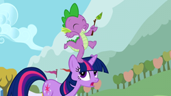 Size: 1280x720 | Tagged: safe, derpibooru import, screencap, spike, twilight sparkle, dragon, fall weather friends, animation error, stick, tree branch