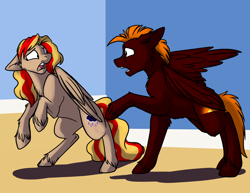 Size: 1000x773 | Tagged: safe, artist:foxenawolf, oc, oc only, oc:summer storm, oc:sunset blaze, pegasus, pony, fanfic:growing up dandy, fanfic art, female, inside, unshorn fetlocks