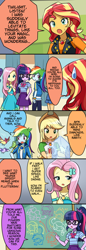 Size: 750x2170 | Tagged: safe, artist:ryuu, derpibooru import, applejack, fluttershy, pinkie pie, rainbow dash, sci-twi, sunset shimmer, twilight sparkle, bird, better together, equestria girls, magical mystery cure, applejack's hat, chalkboard, clothes, comic, cowboy hat, curtains, female, hairpin, hat, jacket, jewelry, leather jacket, necklace, translation