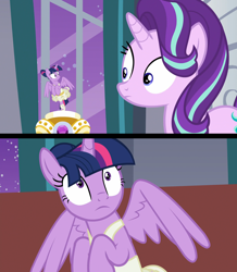 Size: 1920x2200 | Tagged: safe, edit, screencap, starlight glimmer, twilight sparkle, twilight sparkle (alicorn), alicorn, pony, unicorn, a royal problem, ballerina, bipedal, clothes, cute, dresser, hooves to the chest, leaning back, leotard, looking up, music box, night, stare, stars, tutu, twilarina, wide eyes, window, wings