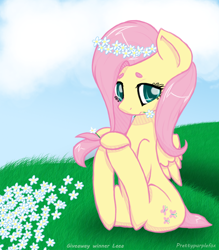 Size: 700x800 | Tagged: safe, artist:smisa, fluttershy, pegasus, pony, floral head wreath, flower, flower in mouth, frown, grass, looking at you, mouth hold, shy, sitting, solo, thick eyebrows
