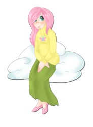 Size: 1024x1388 | Tagged: safe, artist:littlemisscuttlefish, fluttershy, human, clothes, cloud, humanized, sitting, solo, sweater, sweatershy