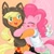 Size: 500x500 | Tagged: safe, artist:wonton soup, applejack, pinkie pie, cat, earth pony, pony, applecat, cat hoodie, cat's pajamas, clothes, costume, glomp, hoodie, hug, kigurumi, pajamas, socks, striped socks