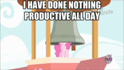 Size: 900x506 | Tagged: safe, edit, edited screencap, screencap, pinkie pie, earth pony, pony, castle mane-ia, animated, bell, grin, hub logo, i have done nothing productive all day, image macro, meme, pinkie being pinkie, smiling, solo