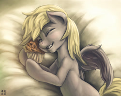 Size: 2015x1604 | Tagged: safe, artist:mrs1989, derpy hooves, pegasus, pony, bed, eyes closed, female, happy, mare, muffin, on side, smiling, solo, that pony sure does love muffins