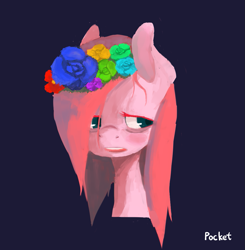 Size: 1089x1112 | Tagged: dead source, safe, artist:berrydrops, pinkie pie, earth pony, pony, bust, female, floral head wreath, flower, mare, pinkamena diane pie, portrait, simple background, solo