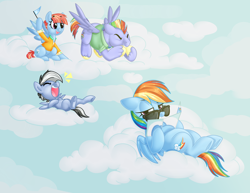 Size: 6600x5100 | Tagged: safe, artist:kellythedrawinguni, derpibooru import, bow hothoof, rainbow dash, windy whistles, oc, oc:sharp focus, pegasus, pony, absurd resolution, cloud, colt, dash family, everfree northwest, jason deline, male, on a cloud, sarah edmondson, sunglasses, tanning mirror, unshorn fetlocks