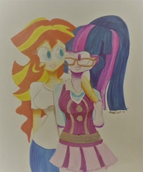 Size: 1280x1544 | Tagged: safe, artist:missmayaleanne, sci-twi, sunset shimmer, twilight sparkle, equestria girls, alternate costumes, clothes, crystal prep academy uniform, female, lesbian, looking at each other, school uniform, scitwishimmer, shipping, simple background, sunsetsparkle, traditional art