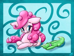 Size: 1280x960 | Tagged: safe, artist:lizzyoli-ravioli, gummy, pinkie pie, alligator, earth pony, pony, female, mare, pink coat, pink mane