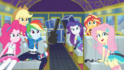Size: 1280x720 | Tagged: safe, derpibooru import, screencap, applejack, fluttershy, pinkie pie, rainbow dash, rarity, sunset shimmer, better together, equestria girls, road trippin, converse, humane five, implied granny smith, implied sci-twi, shoes, tour bus