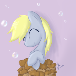 Size: 1200x1200 | Tagged: safe, artist:d-sixzey, derpy hooves, pegasus, pony, bubble, cute, eyes closed, female, mare, muffin, smiling, solo