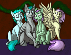 Size: 1000x773 | Tagged: safe, artist:foxenawolf, oc, oc only, oc:dandelion dreams, oc:lavender dreams, oc:sky fern, oc:whirring cogs, pegasus, pony, unicorn, family photo, hearth's warming, smiling, unshorn fetlocks