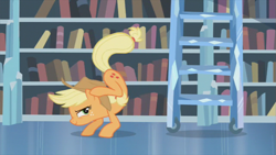 Size: 853x480 | Tagged: safe, screencap, applejack, earth pony, pony, the crystal empire, buck, bucking, great moments in animation, kick, kicking, ladder, solo