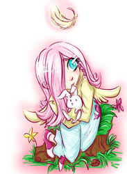 Size: 609x831 | Tagged: safe, angel bunny, fluttershy, human, feather, humanized, winged humanization