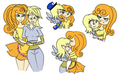 Size: 653x426 | Tagged: safe, artist:tinacrazy29, carrot top, derpy hooves, golden harvest, human, apron, blushing, clothes, cuddling, derpytop, female, hug, humanized, kissing, lesbian, shipping, snuggling, winged humanization