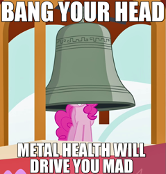 Size: 675x705 | Tagged: safe, edit, edited screencap, screencap, pinkie pie, earth pony, pony, castle mane-ia, bang, bell, caption, grin, image macro, meme, metal health, quiet riot, smiling, solo, song reference