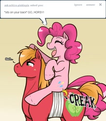 Size: 500x574 | Tagged: safe, artist:redhotkick, big macintosh, pinkie pie, earth pony, pony, bandage, injured, male, pain, ponies riding ponies, stallion