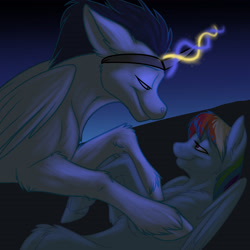 Size: 3300x3300 | Tagged: safe, artist:foxenawolf, rainbow dash, soarin', pegasus, pony, fanfic:piercing the heavens, bedroom eyes, fake horn, fanfic, fanfic art, female, glowing horn, magic, male, romance, shipping, soarindash, straight, wonderbolts
