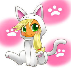 Size: 1000x1000 | Tagged: safe, artist:hashioaryut, applejack, cat, earth pony, pony, :3, applecat, blushing, cat's pajamas, clothes, costume, cute, footed sleeper, freckles, jackabetes, kigurumi, looking at you, pajamas, paw print hooves, pixiv, sitting, solo