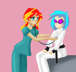 Size: 1222x1151 | Tagged: safe, artist:tigerssunshyn, dj pon-3, sunset shimmer, vinyl scratch, equestria girls, clothes, examination, gi, human coloration, listening, scrubs (gear), sitting, smiling, stethoscope