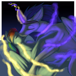 Size: 3300x3300 | Tagged: safe, artist:foxenawolf, rainbow dash, soarin', pegasus, pony, fanfic:piercing the heavens, fake horn, fanfic, fanfic art, female, glowing horn, kissing, magic, male, romance, shipping, soarindash, straight