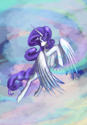 Size: 775x1107 | Tagged: safe, artist:crowneprince, rarity, alicorn, pony, alicornified, flying, race swap, raricorn, solo