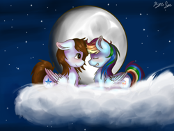 Size: 4000x3000 | Tagged: safe, artist:kysimon, derpibooru import, rainbow dash, oc, oc:linormusicbeat, pegasus, pony, canon x oc, cloud, female, lesbian, mare, moon, night, shipping