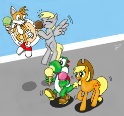 Size: 900x844 | Tagged: safe, artist:sedna93, applejack, derpy hooves, earth pony, pegasus, pony, crossover, female, flying, ice cream, ice cream cone, mare, miles "tails" prower, sharing, sonic the hedgehog (series), super mario bros., walking, yoshi, yoshi's island