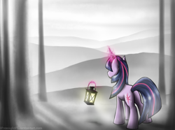 Size: 2796x2079 | Tagged: safe, artist:moonlightfl, derpibooru import, twilight sparkle, everfree forest, fog, lamp, lantern, magic, telekinesis