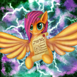 Size: 2000x2000 | Tagged: safe, artist:eltaile, fluttershy, pegasus, pony, laurel wreath, lightning, manowar, solo, song reference