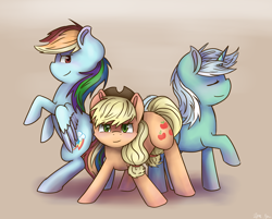 Size: 2496x2004 | Tagged: safe, artist:kysimon, derpibooru import, applejack, lyra heartstrings, rainbow dash, earth pony, pegasus, pony, rearing, simple background