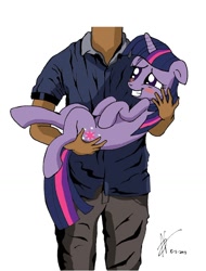 Size: 780x1025 | Tagged: safe, artist:coulicath, derpibooru import, twilight sparkle, human, pony, blushing, carrying, cute, floppy ears, grin, holding a pony, shy, smiling