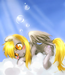 Size: 1800x2077 | Tagged: safe, artist:r-1629, derpy hooves, pegasus, pony, bubble, cloud, female, mare, pixiv, solo