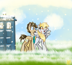 Size: 630x570 | Tagged: safe, artist:derpywhooves2000, derpy hooves, doctor whooves, pegasus, pony, doctor who, female, mare, snow, snowfall, tardis