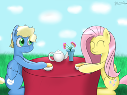 Size: 2000x1500 | Tagged: safe, artist:spenws, fluttershy, oc, oc:synthis, pegasus, pony, cup, flower, relaxing, sun, tea, tea party, tea time, teacup, teapot