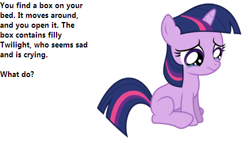 Size: 433x247 | Tagged: safe, derpibooru import, twilight sparkle, bronybait, crying, filly, question, sad, sitting, text, what do