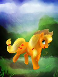 Size: 900x1200 | Tagged: safe, artist:tigresadaina, applejack, earth pony, pony, grass, running, solo